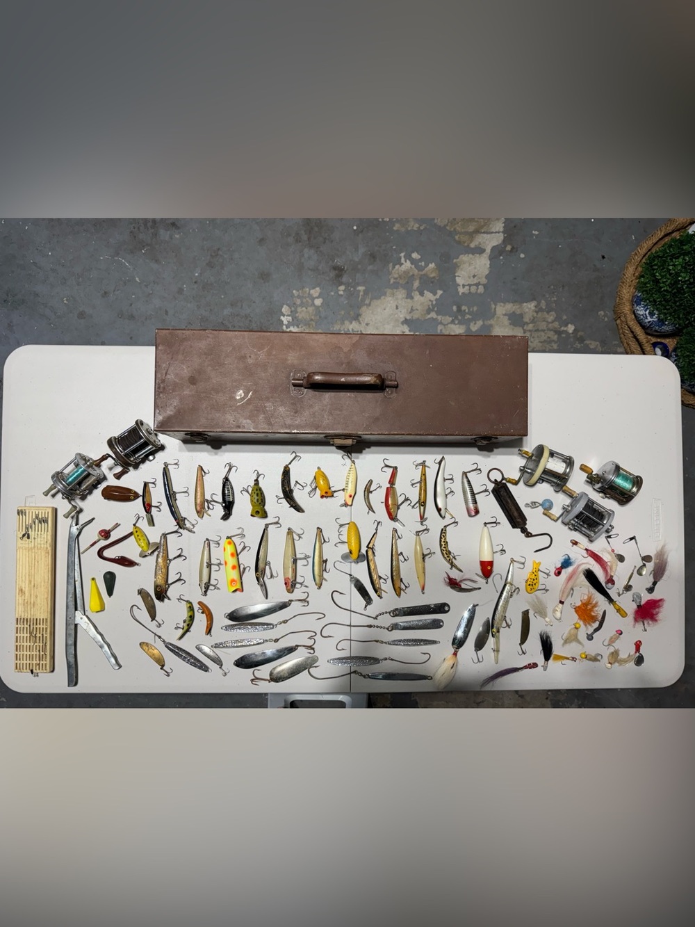 Vintage Tackle Box With Vintage Lures, Tackle And Reels